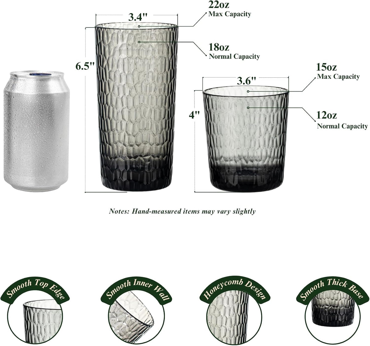 15oz and 22oz Grey Acrylic Glasses Drinkware (Set of 8), Honeycomb Stackable Shatter-Proof Plastic Tumblers, Reusable Plastic Drinking Glasses, BPA-Free, Dishwasher-Safe