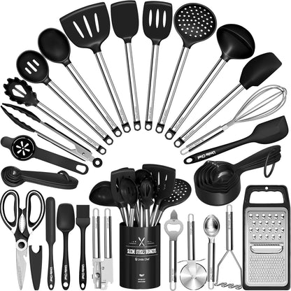 Umite Chef Thickened Kitchen Utensils Set- Silicone Cooking Utensils Set for Nonstick Cookware-Silicone Spatulas Set, Heavy Duty Stainless Steel Handle-Black Kitchen Gadgets Tools Set