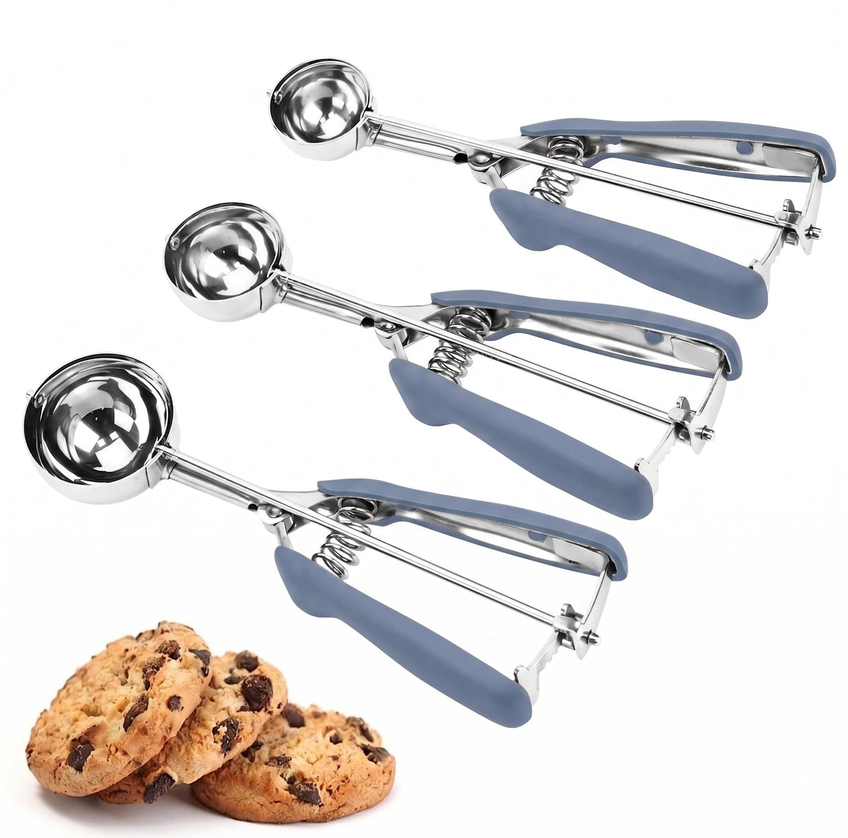 Cookie Scoop Set, 3Pcs Ice Cream Scoop, Cookie Scoops for Baking Set of 3, 18/8 Stainless Steel Cookie Scooper for Baking, Ice Cream Scooper with Trigger Release, Cookie Dough Scoop with Non-slip Grip