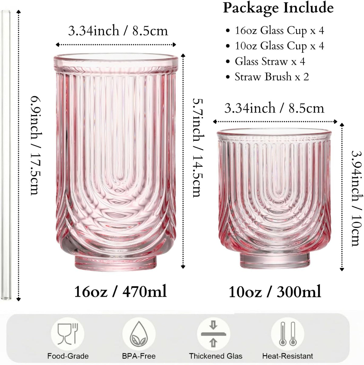 Ribbed Glass Cups with Straws, Pink Glass Drinking Cups, Drinking Glasses Set of 8, 13oz Highball & 10oz Water Glasses, Vintage Kitchen Glassware Set for Juice, Coffee, Cocktail, Whiskey