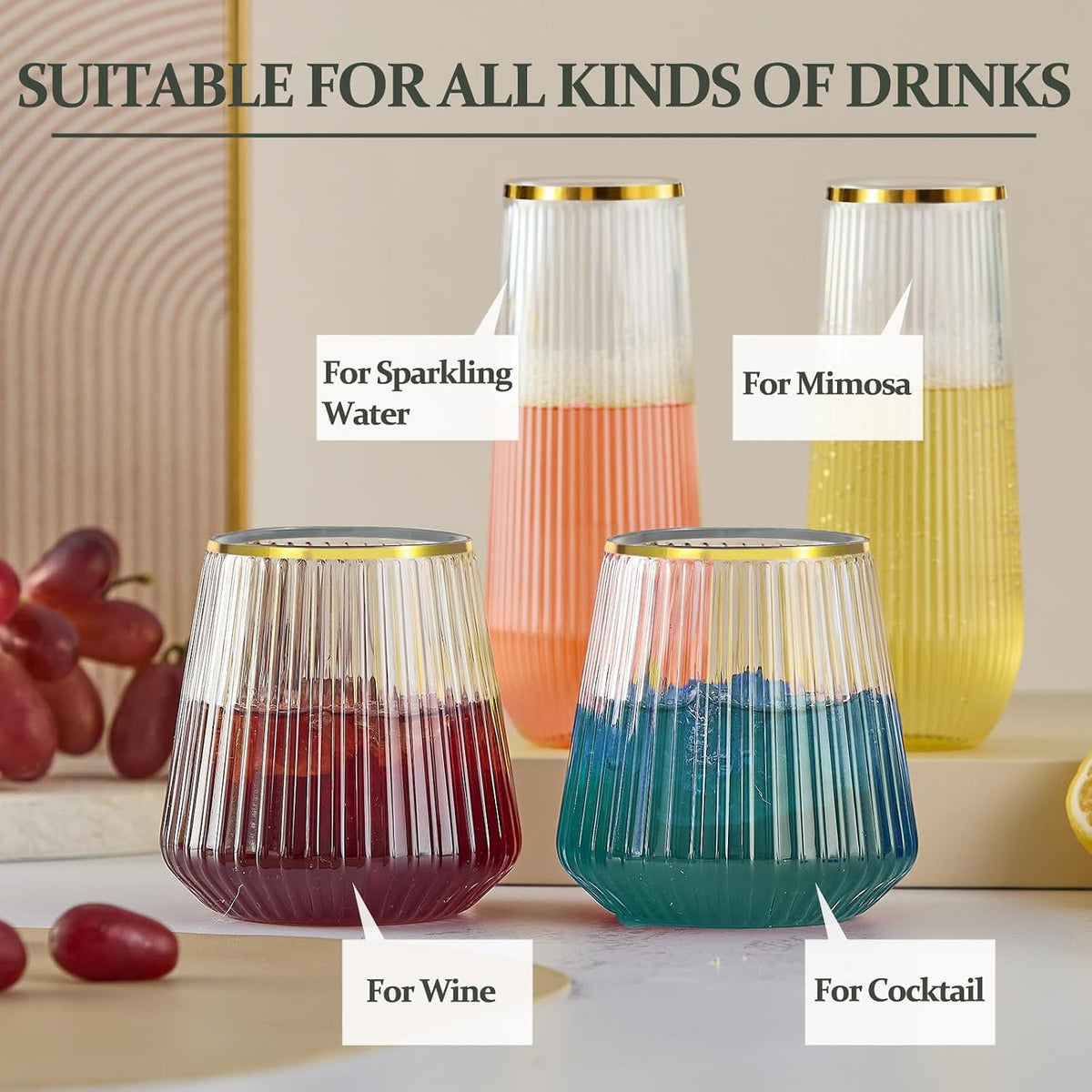 56 Pack Plastic Wine Glasses Champagne Flutes, 32 Pcs 9 OZ & 24 Pcs 14 OZ