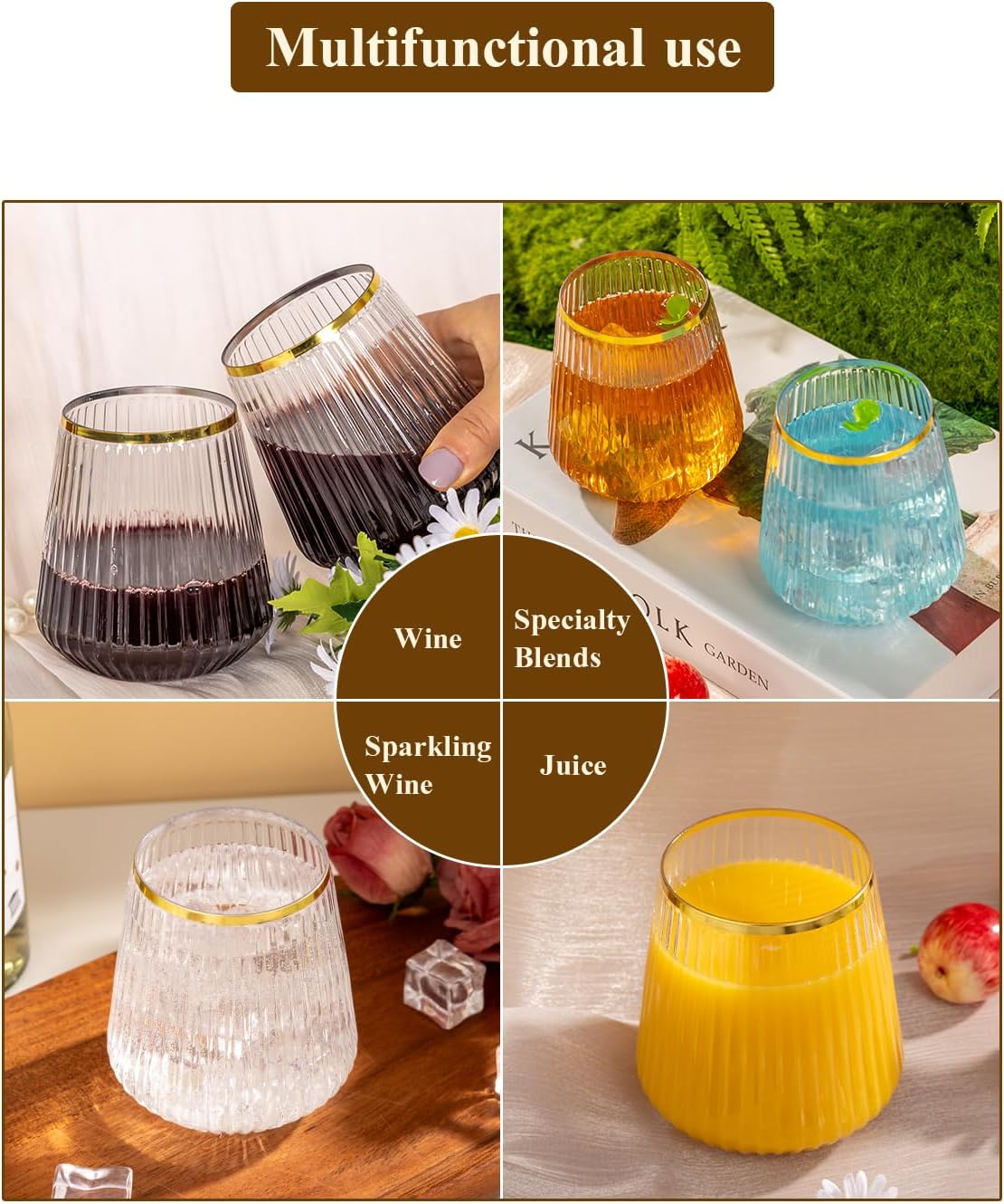 Goodluck 36 Pack 12oz Stemless Plastic Wine Glasses Clear Ribbed Gold Rim