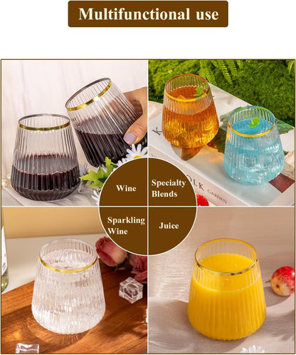 Goodluck 36 Pack 12oz Stemless Plastic Wine Glasses Clear Ribbed Gold Rim