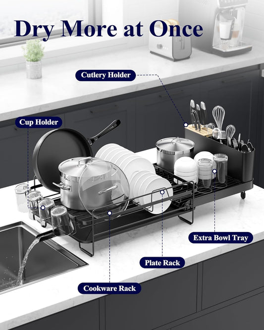 Kitsure Extendable Dish Drying Rack, 19.2"-26.7" L x 12.9" W, Black