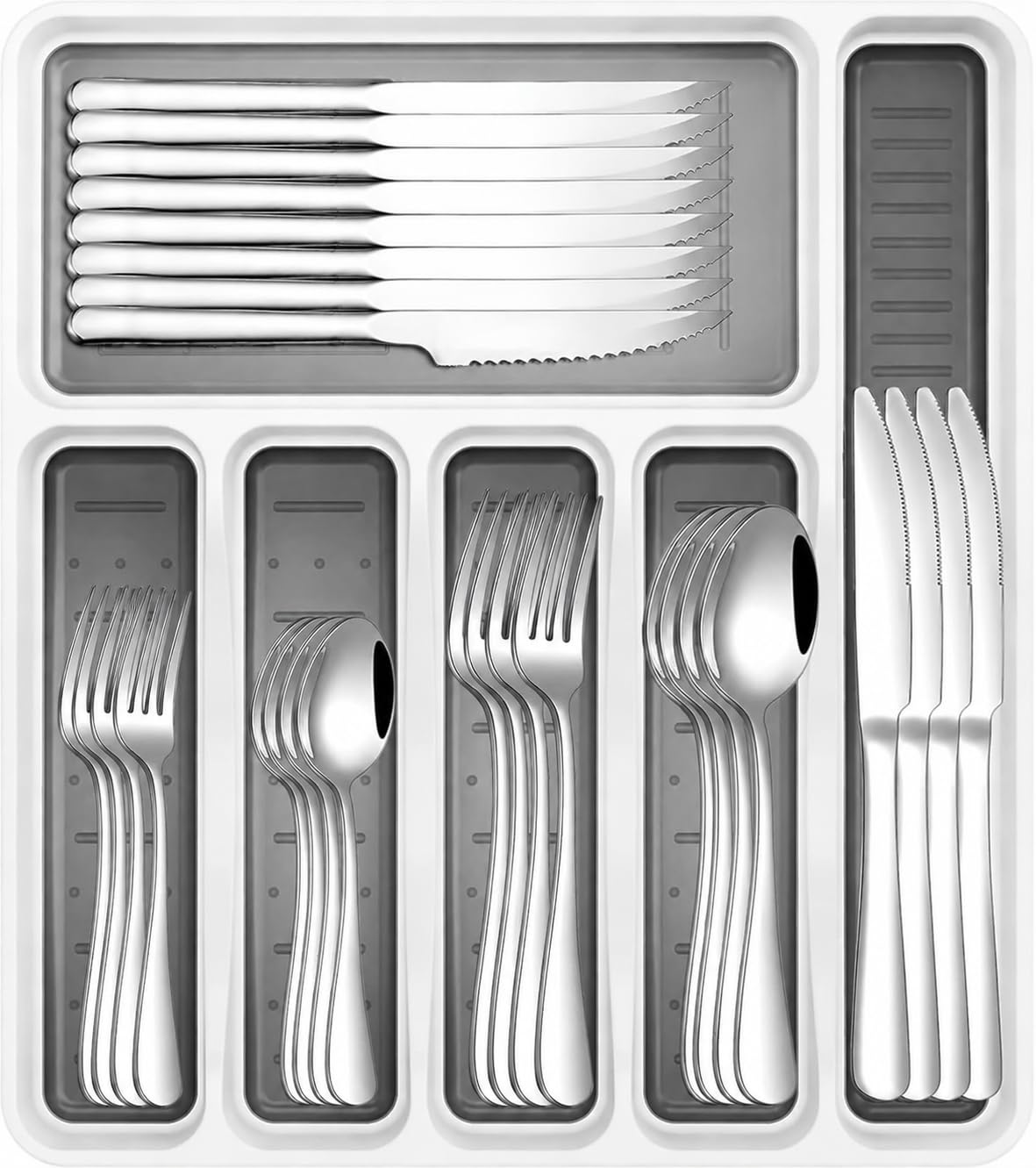 49-Piece Silverware Set with Organizer, Stainless Steel Flatware Utensils Set for 8, Forks and Spoons Silverware Set Cutlery Set with Steak Knives, Dishwasher Safe