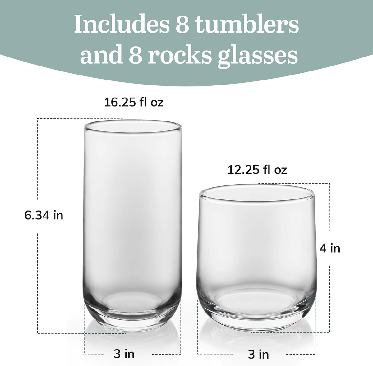 Libbey Ascent Tumbler & Rocks Drinking Glasses Set of 16, Clear Glass Cups