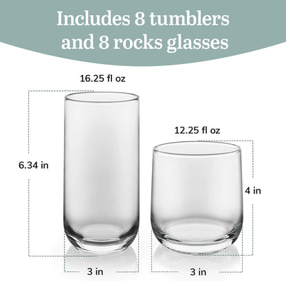 Libbey Ascent Tumbler & Rocks Drinking Glasses Set of 16, Clear Glass Cups