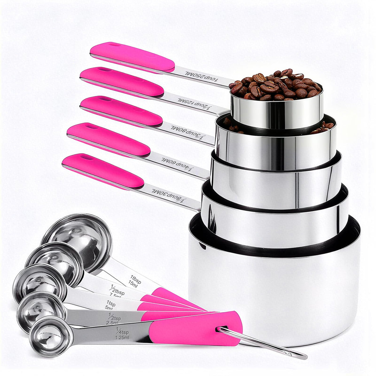Bopei 10-Pcs Stainless Steel Measuring Cups & Spoons Set, Colorful Handles