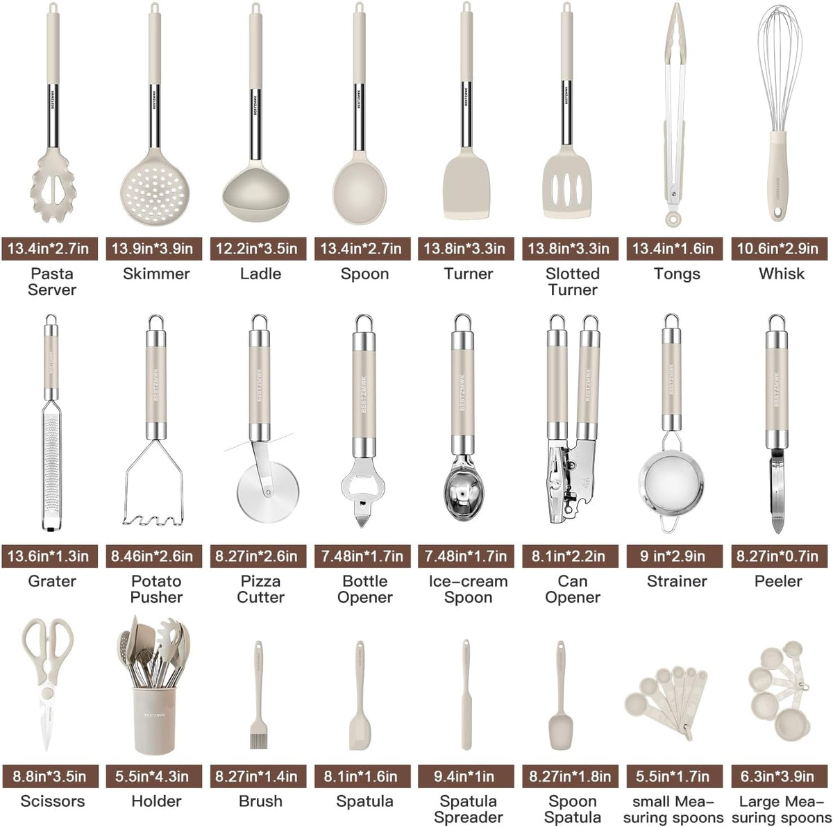 Kitchen Utensils Set-Silicone Cooking Utensils-33pcs Non-Stick Silicone Cooking Kitchen Utensils Spatula Set with Holder-Best Kitchen Cookware with Stainless Steel Handle (Khaki)
