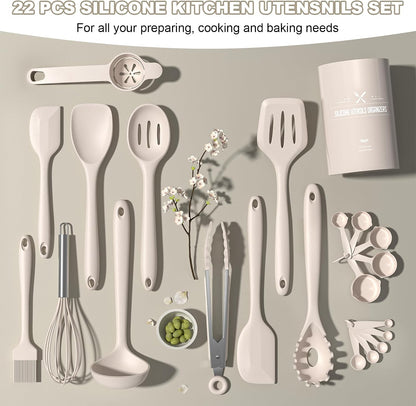 Umite Chef 22-Piece Silicone Cooking Utensils Set，Heat Resistant & Dishwasher Safe Kitchen Tools, Black Non-Scratch Spatula Set for Nonstick Cookware (Khaki)