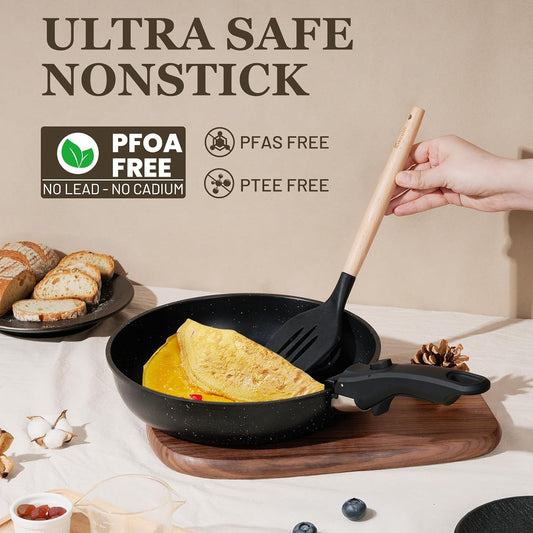 Nonstick Pots and Pans Set - 20 Pack KIKCOIN Stackable Cookware Set with Detachable Handle, RV Kitchen Cooking Set with Removable Handles - Oven Safe, Induction Ready (Black)