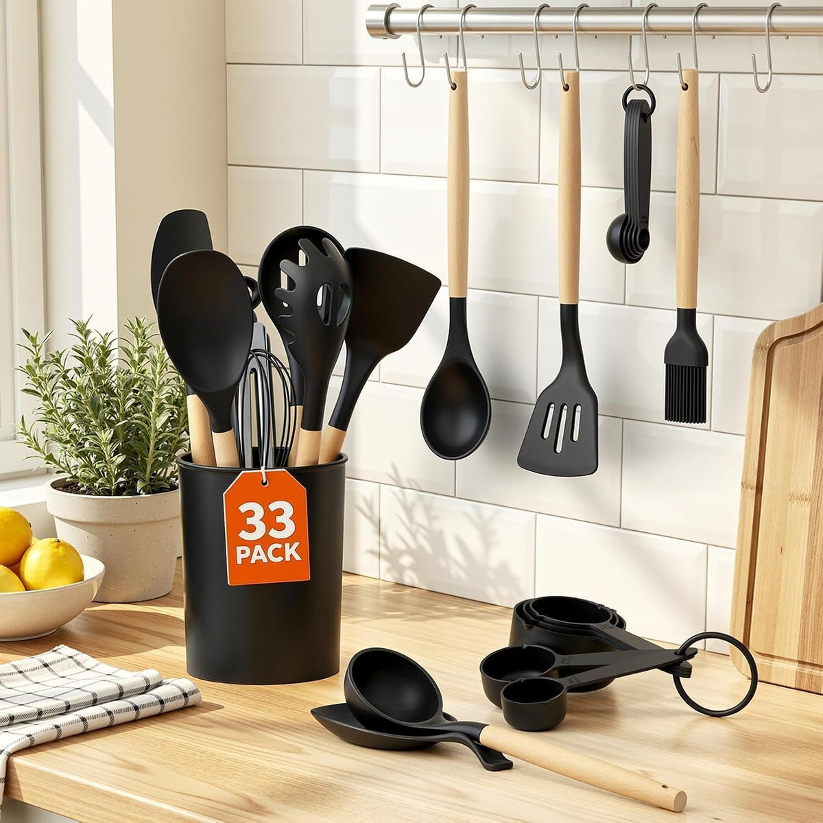 33Pcs Kitchen Utensils Set Silicone Cooking Utensils Set with Wooden Handle