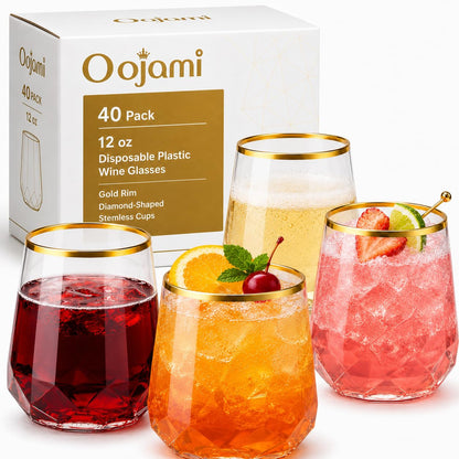 40 Pack Disposable Plastic Wine Glasses 12 oz Diamond Stemless Clear Cups