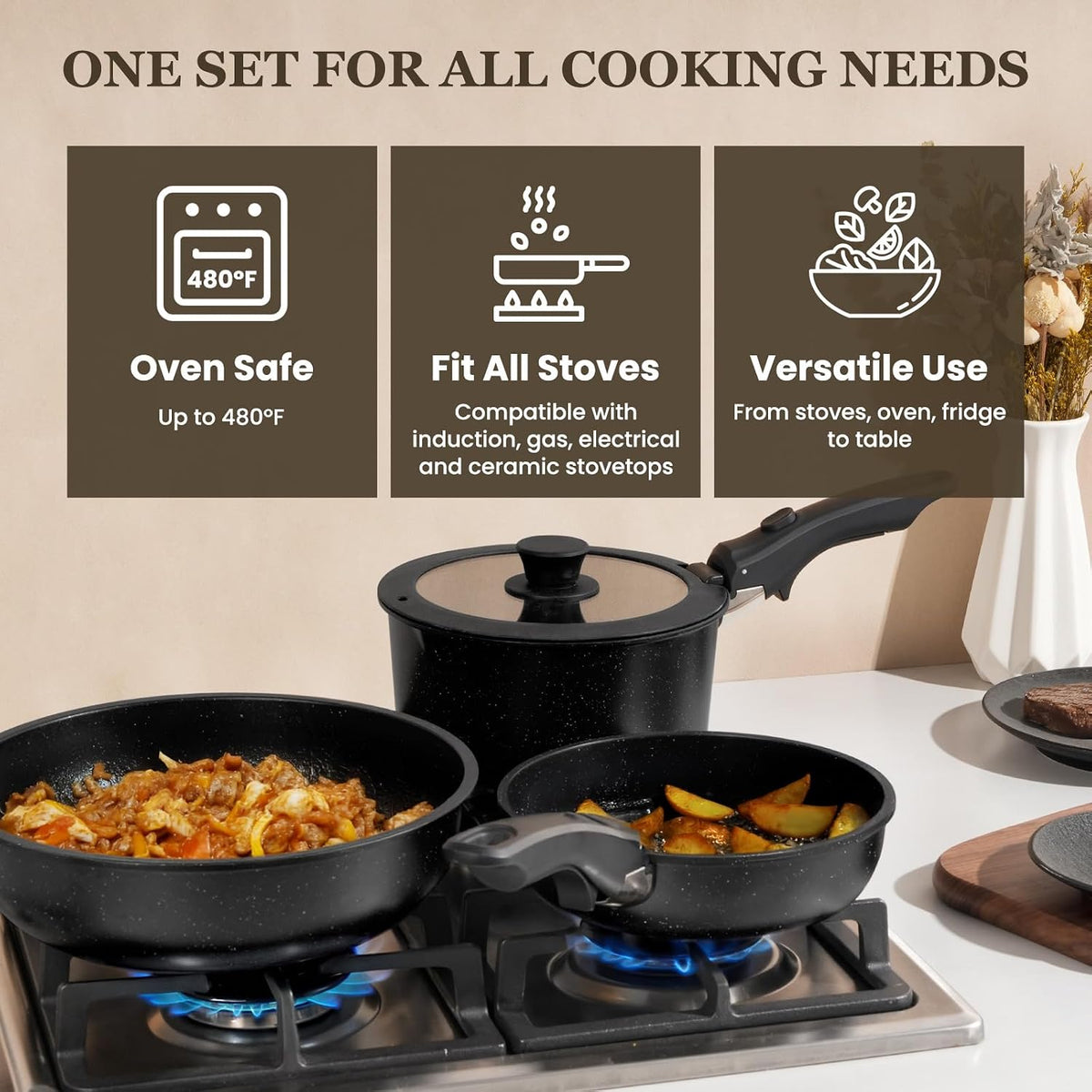 Nonstick Pots and Pans Set - 20 Pack KIKCOIN Stackable Cookware Set with Detachable Handle, RV Kitchen Cooking Set with Removable Handles - Oven Safe, Induction Ready (Black)
