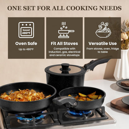 Nonstick Pots and Pans Set - 20 Pack KIKCOIN Stackable Cookware Set with Detachable Handle, RV Kitchen Cooking Set with Removable Handles - Oven Safe, Induction Ready (Black)