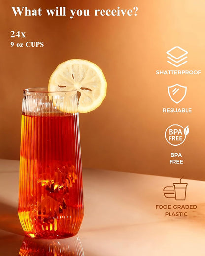 BESTSTAR 48 Pack Clear Disposable Ribbed Origami Ripple Plastic Glasses Set
