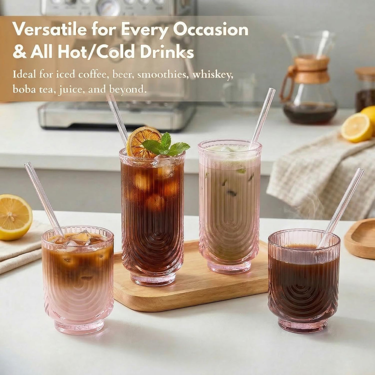 Ribbed Glass Cups with Straws, Pink Glass Drinking Cups, Drinking Glasses Set of 8, 13oz Highball & 10oz Water Glasses, Vintage Kitchen Glassware Set for Juice, Coffee, Cocktail, Whiskey