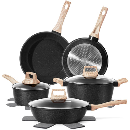 SODAY Pots and Pans Set Non Stick, 12Pcs Black Granite Induction Cookware