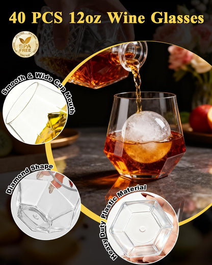 BESTSTAR 40 PCS Clear 12 Oz Diamond Plastic Wine Whiskey Glasses