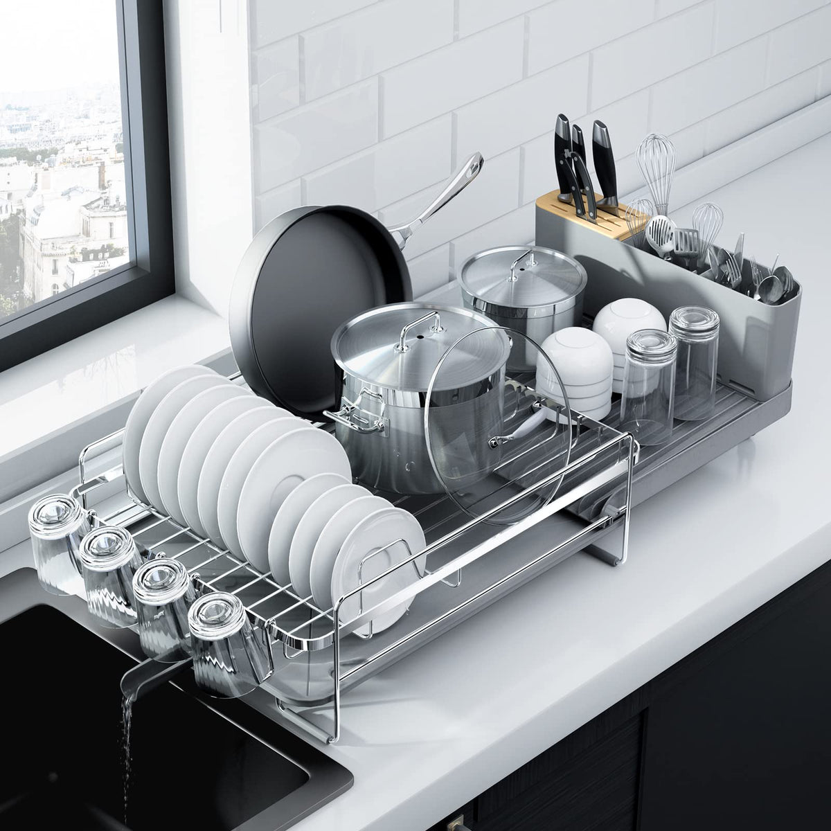 Kitsure Extendable Dish Drying Rack, 19.2"-26.7" L x 12.9" W, Black