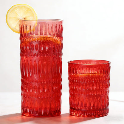 Loivttvv Glassware Drinking Glasses Set of 8, 14 oz Highball Glasses & 10 oz Ribbed Glass Cups, Vintage Glassware for Water, Juice, Cocktail, Whiskey (Blue)