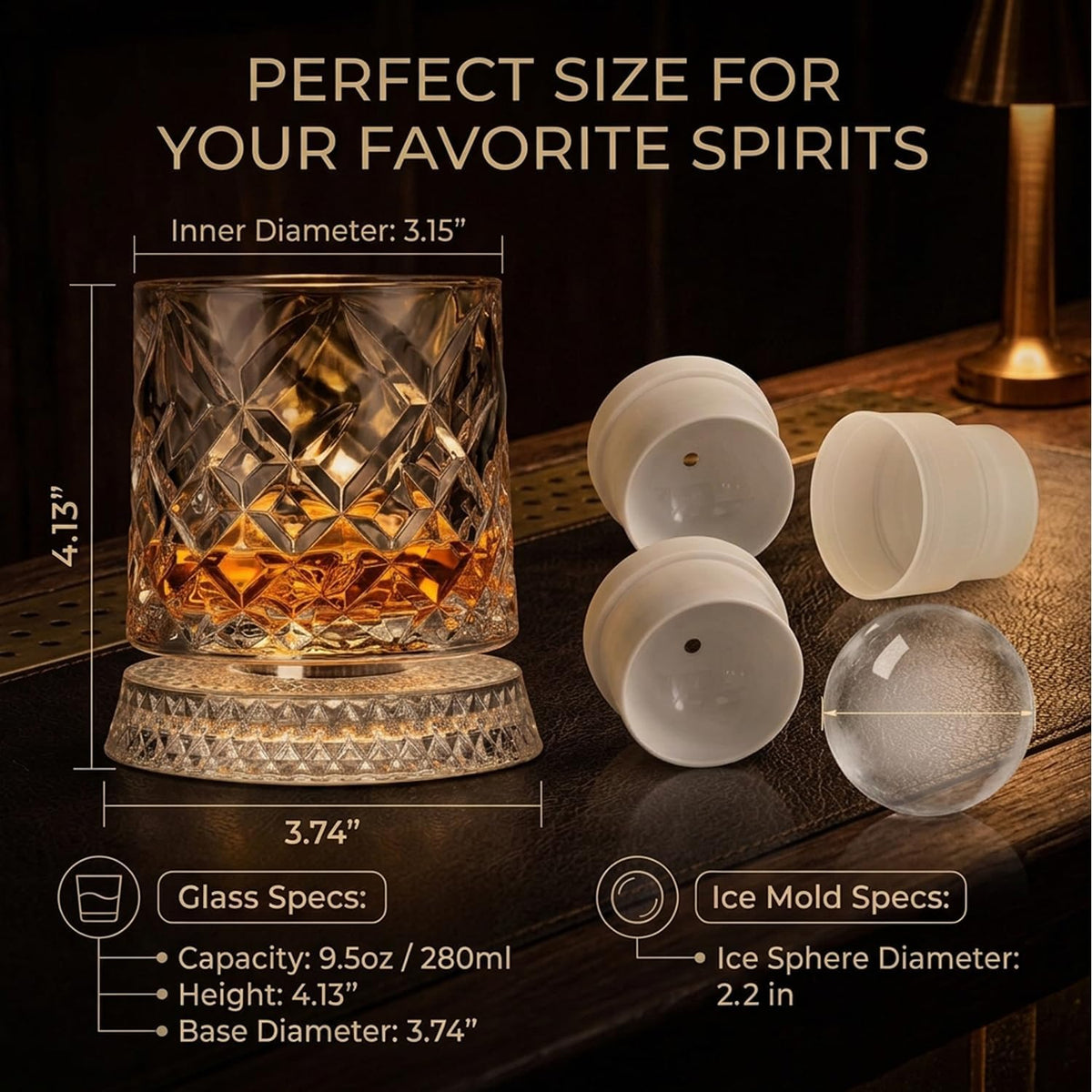 Spinning Whiskey Glasses Set of 4 with Ice Ball Molds, 9.5oz Lead-Free Rotating Old Fashioned Rocks Glasses, Premium Bourbon Tasting Cups, Unique Barware Gifts for Men, Dad, Husband