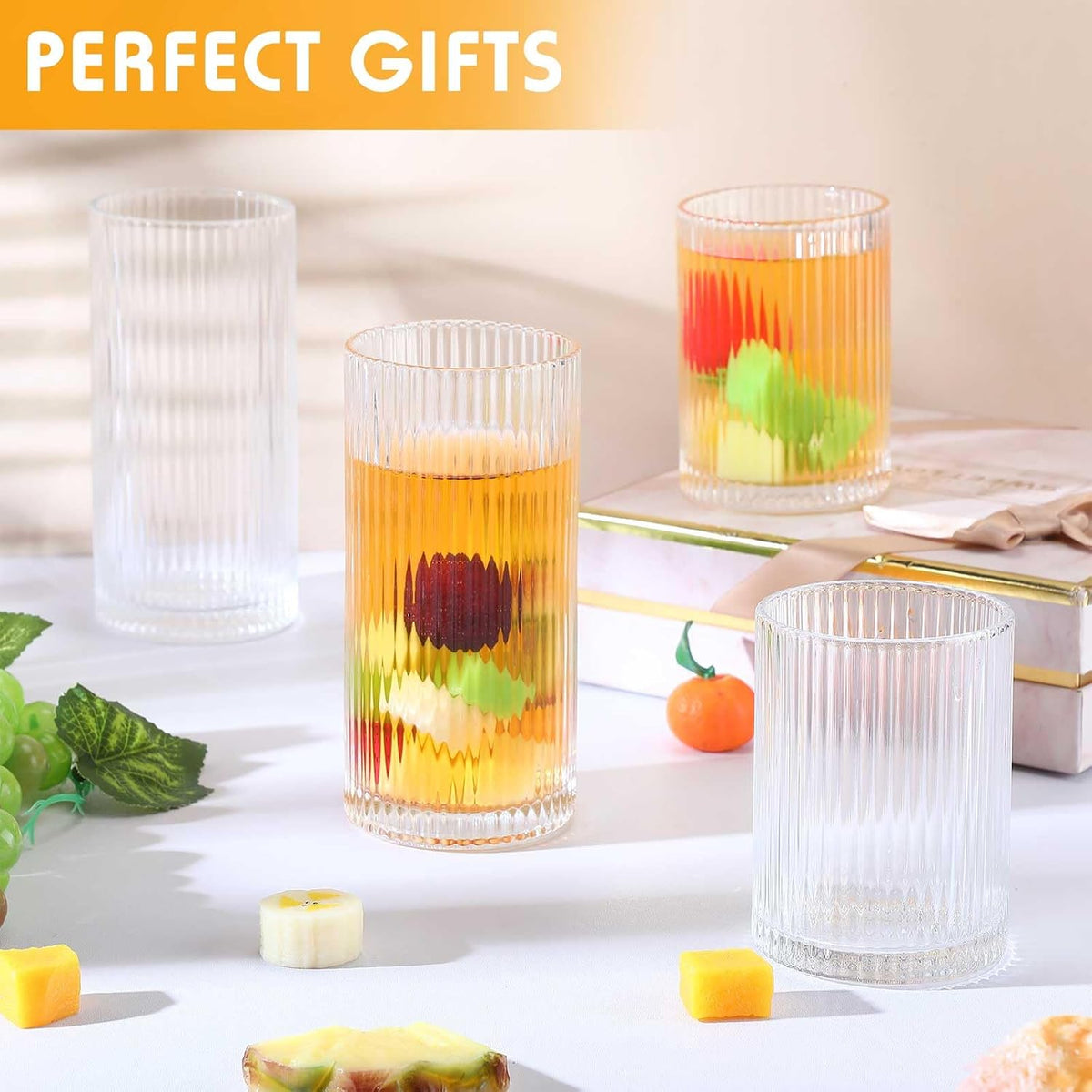 Zhehao 12 Pcs Ribbed Drinking Glasses Clear Vintage Cups Set, 9 oz 12 oz