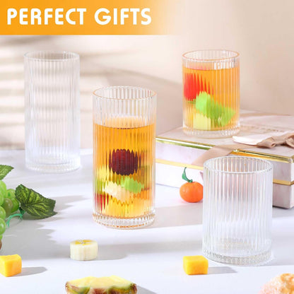 Zhehao 12 Pcs Ribbed Drinking Glasses Clear Vintage Cups Set, 9 oz 12 oz