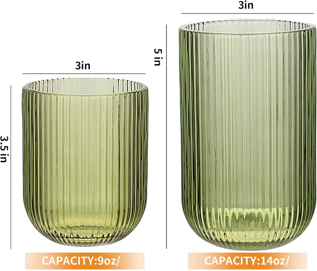Set of 8 Ribbed Glassware,4 Highball Glasses 14oz & 4 Rocks Drinking Glasses 9oz, Green, Origami Style, Fluted Design, for Milk, Water, Cocktail, Juice, Beer, ToothBrush Cup, Gift