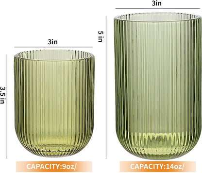 Set of 8 Ribbed Glassware,4 Highball Glasses 14oz & 4 Rocks Drinking Glasses 9oz, Green, Origami Style, Fluted Design, for Milk, Water, Cocktail, Juice, Beer, ToothBrush Cup, Gift