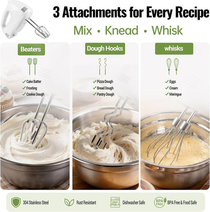 WEPSEN 5-Speed Electric Hand Mixer, 4 Large Mixing Bowls Set, Handheld Mixers with Whisks Beater, Stainless Steel Metal Nesting Bowl Measuring Cups Spoons Kitchen Cake Blender for Baking Supplies