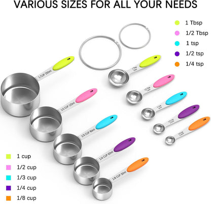 TILUCK Nesting Measuring Cups and Spoons Set, Stainless Steel with Soft Silicone Handle – Heavy Duty & Dishwasher Safe for Measuring Dry/Liquid Ingredients, Ideal for Cooking & Baking (10)