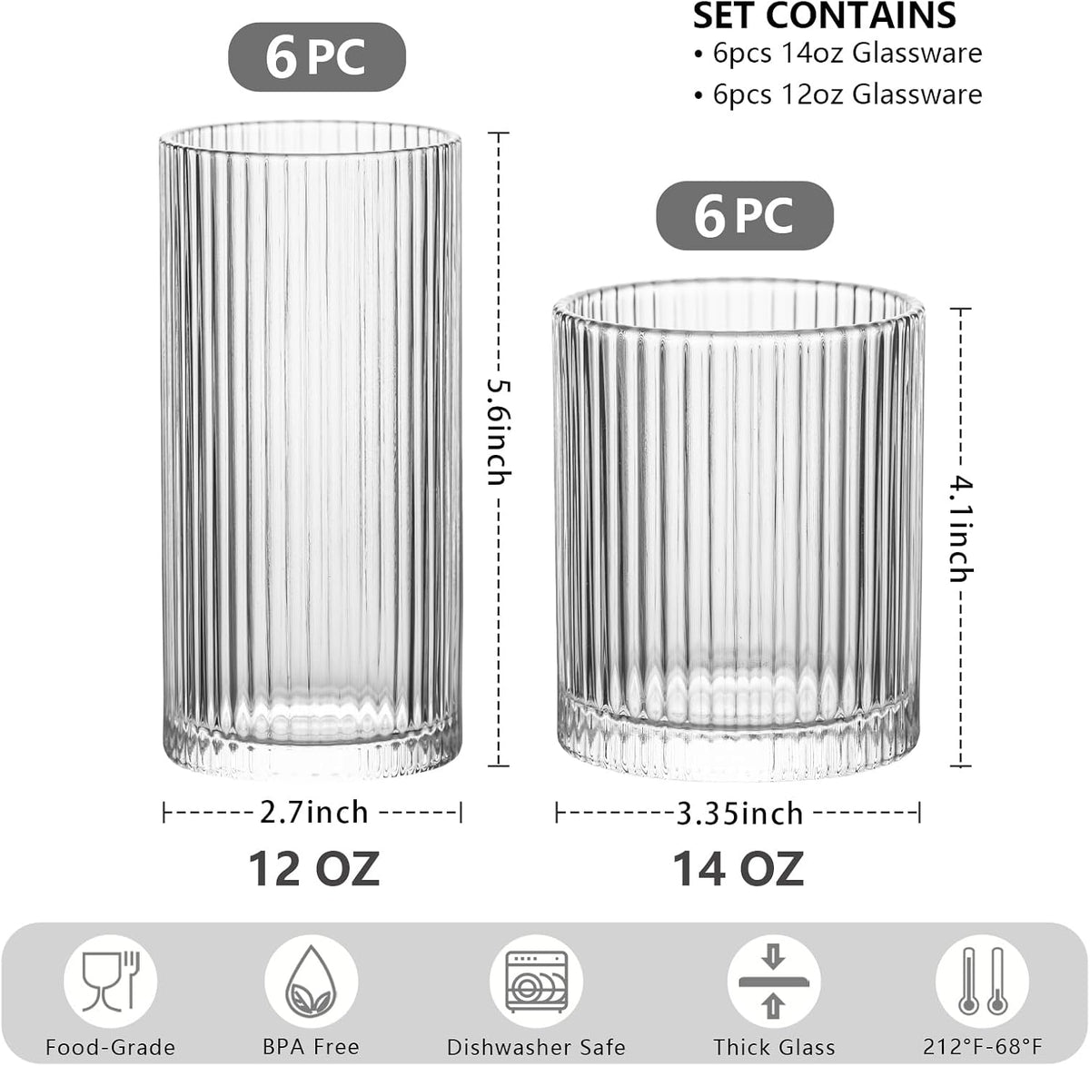 INSETLAN 12-Piece Ribbed Glassware - 6 Highball Glasses 12 oz, 6 Rocks Glass Cups 14 oz, Vintage Cocktail Drinking Glasses, Ideal for Wine, Juice, Water, Ice Coffee Cup, Whiskey, Mixed Drinkware
