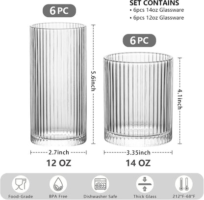 INSETLAN 12-Piece Ribbed Glassware - 6 Highball Glasses 12 oz, 6 Rocks Glass Cups 14 oz, Vintage Cocktail Drinking Glasses, Ideal for Wine, Juice, Water, Ice Coffee Cup, Whiskey, Mixed Drinkware