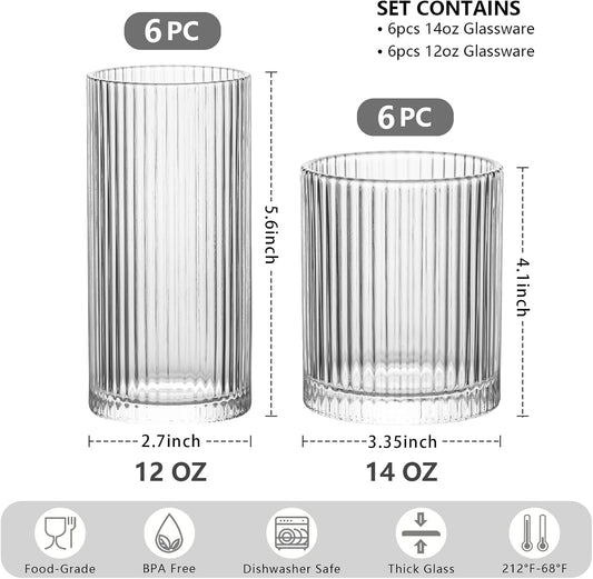 INSETLAN 12-Piece Ribbed Glassware - 6 Highball Glasses 12 oz, 6 Rocks Glass Cups 14 oz, Vintage Cocktail Drinking Glasses, Ideal for Wine, Juice, Water, Ice Coffee Cup, Whiskey, Mixed Drinkware