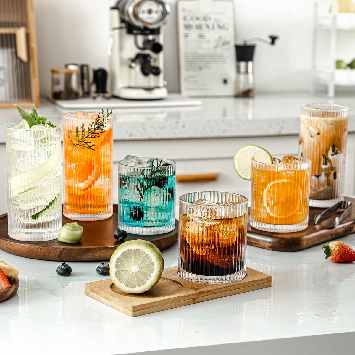 Ribbed Drinking Glasses Set of 8 - Vintage Glassware with 4 Highball (13oz) & 4 Rocks (10oz) Glass Cups, Elegant Cocktail Glasses for Water, Juice, and Ice Coffee, Mixed Drinkware
