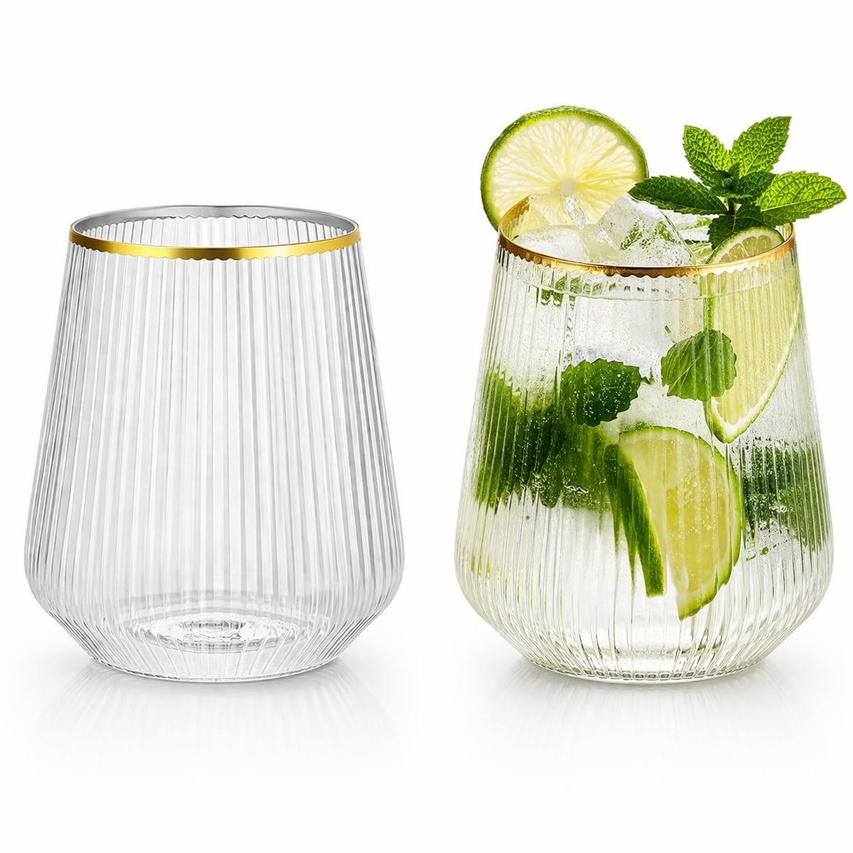 40 Pack 12oz Ribbed Stemless Disposable Plastic Wine Glasses, Shatterproof