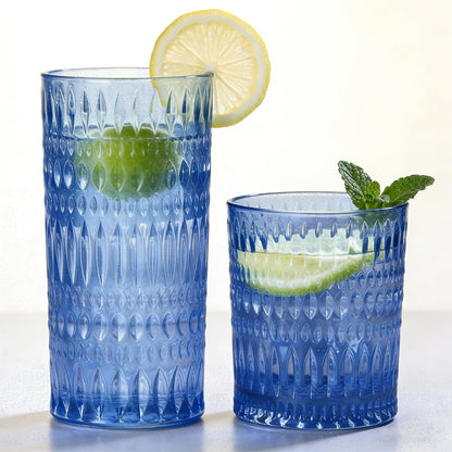 Loivttvv Glassware Drinking Glasses Set of 8, 14 oz Highball Glasses & 10 oz Ribbed Glass Cups, Vintage Glassware for Water, Juice, Cocktail, Whiskey (Blue)