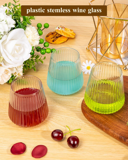 Goodluck 36 Pack 12oz Stemless Plastic Wine Glasses – Clear Ribbed Cups