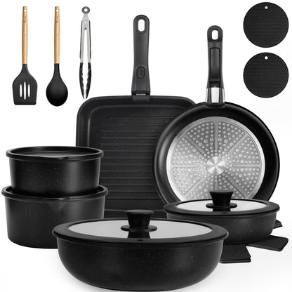 Nonstick Pots and Pans Set - 20 Pack KIKCOIN Stackable Cookware Set with Detachable Handle, RV Kitchen Cooking Set with Removable Handles - Oven Safe, Induction Ready (Black)