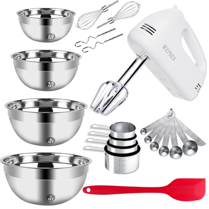 WEPSEN 5-Speed Electric Hand Mixer, 4 Large Mixing Bowls Set, Handheld Mixers with Whisks Beater, Stainless Steel Metal Nesting Bowl Measuring Cups Spoons Kitchen Cake Blender for Baking Supplies