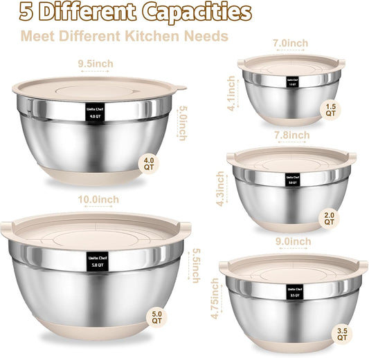 Umite Chef Mixing Bowls with Airtight Lids Set, 8PCS Stainless Steel Nesting Bowls with Grater Attachments, Non-Slip Bottoms, 5, 4, 3.5, 2, 1.5QT for Mixing & Serving