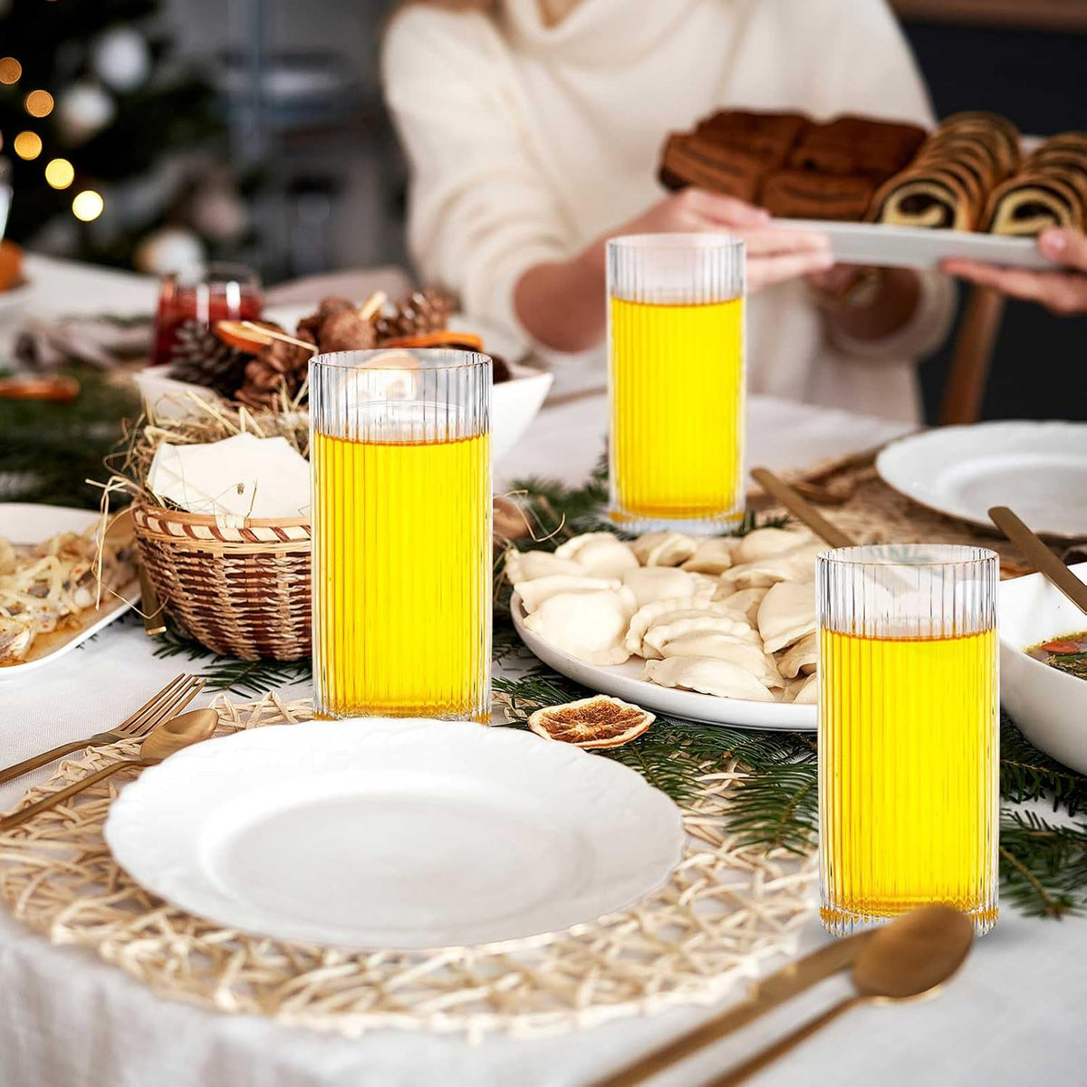 Zhehao 12 Pcs Ribbed Drinking Glasses Clear Vintage Cups Set, 9 oz 12 oz