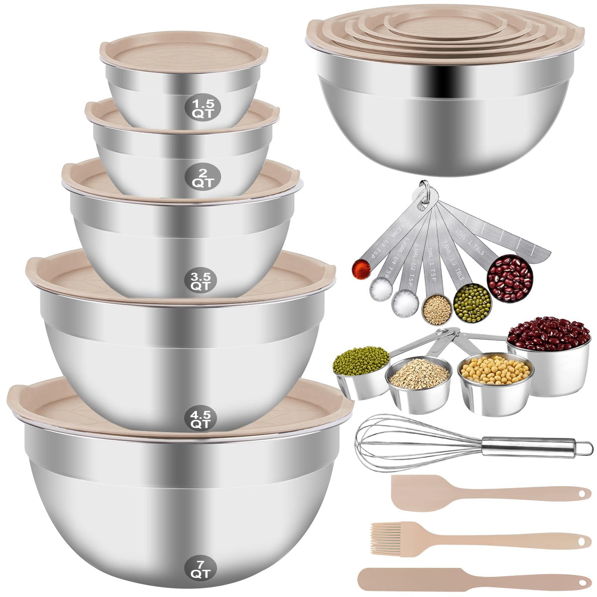 WEPSEN 5-Speed Electric Hand Mixer, 4 Large Mixing Bowls Set, Handheld Mixers with Whisks Beater, Stainless Steel Metal Nesting Bowl Measuring Cups Spoons Kitchen Cake Blender for Baking Supplies