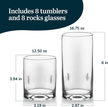 Libbey Impressions 16-Piece Tumbler and Rocks Clear Drinking Glasses, 8 16.7oz & 8 12oz Double Old-Fashioned Glass Drinking Cups Set