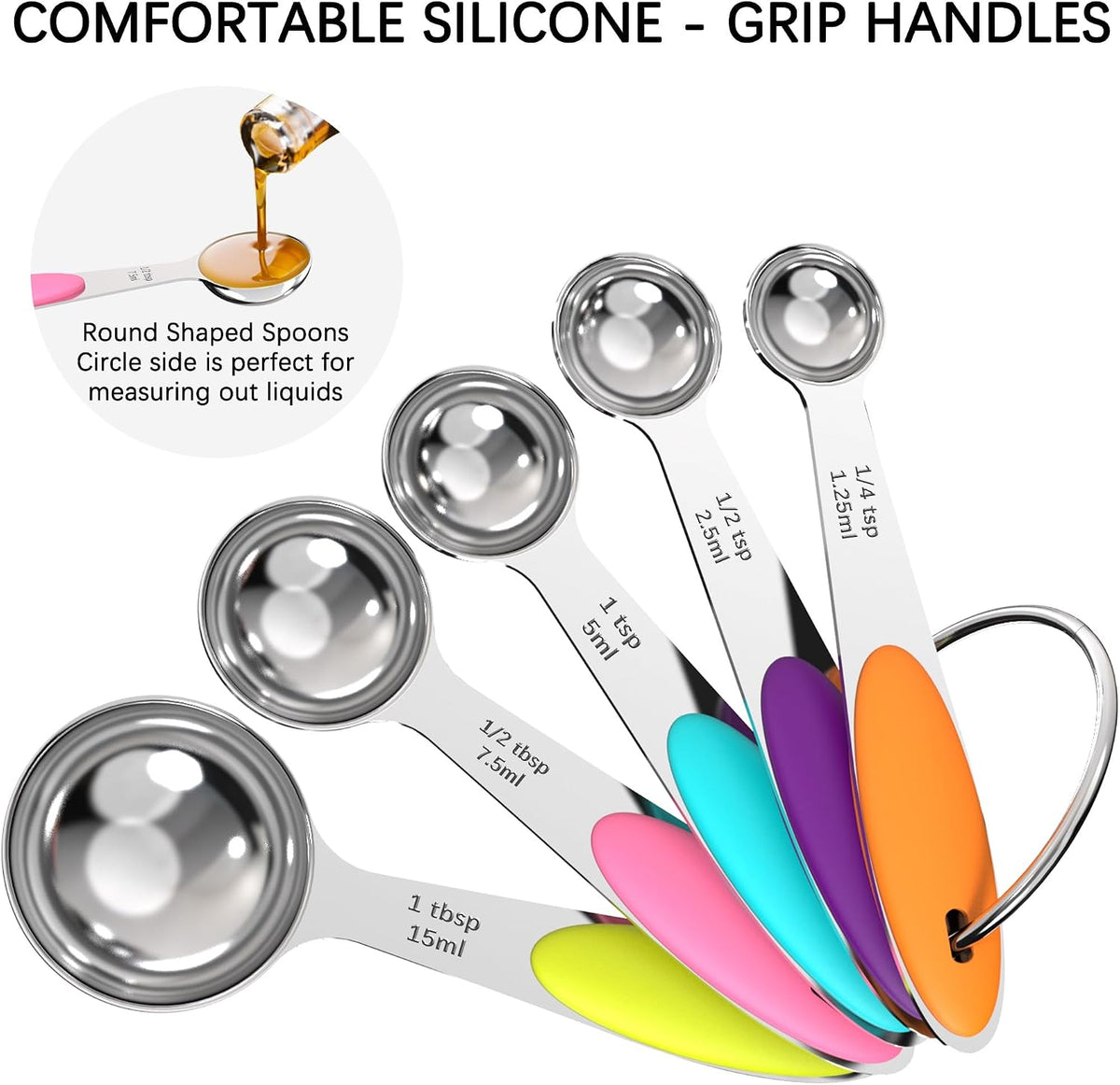 TILUCK Nesting Measuring Cups and Spoons Set, Stainless Steel with Soft Silicone Handle – Heavy Duty & Dishwasher Safe for Measuring Dry/Liquid Ingredients, Ideal for Cooking & Baking (10)