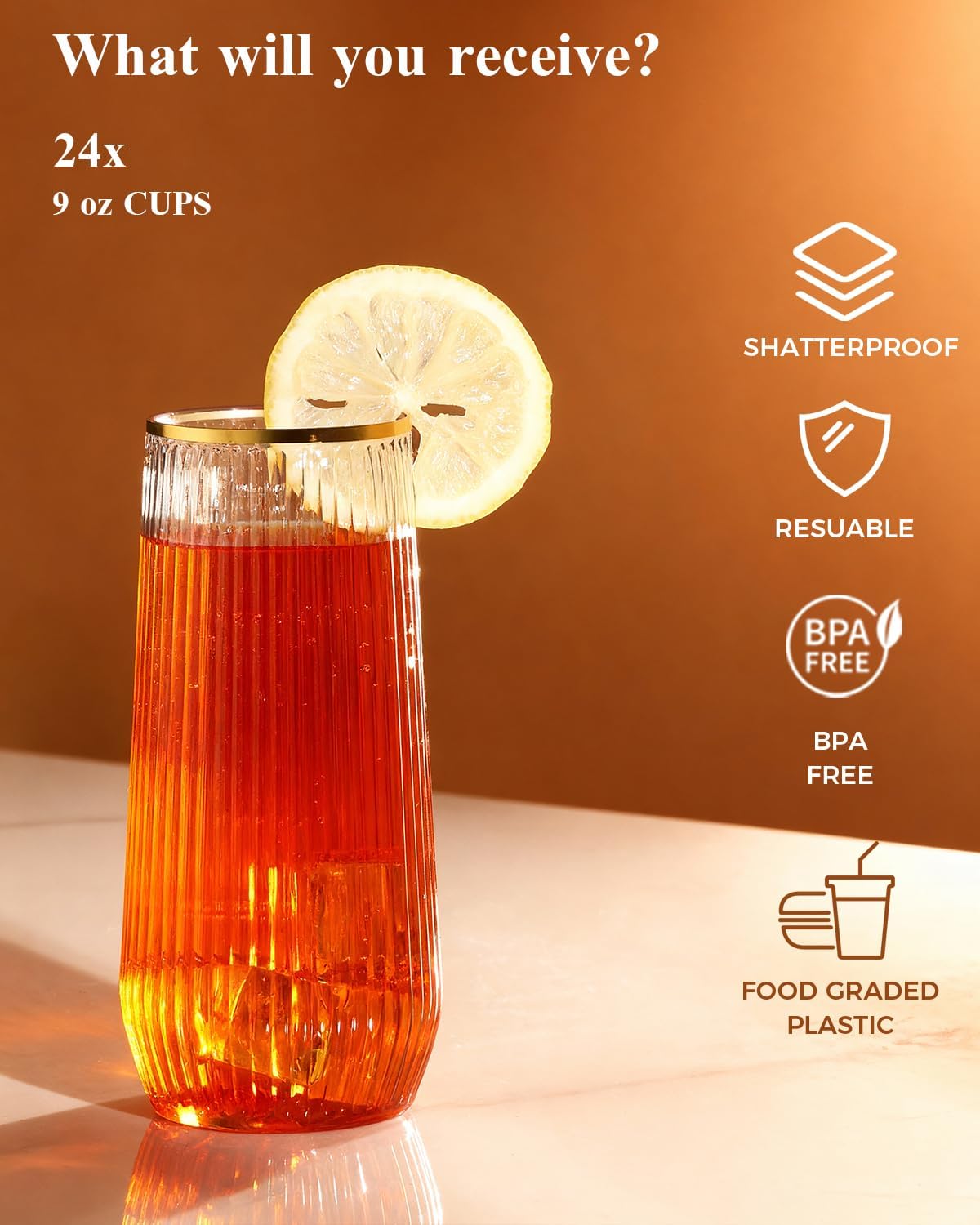 BESTSTAR 48Pack Gold Rim Disposable Ribbed Origami Ripple Plastic Glasses