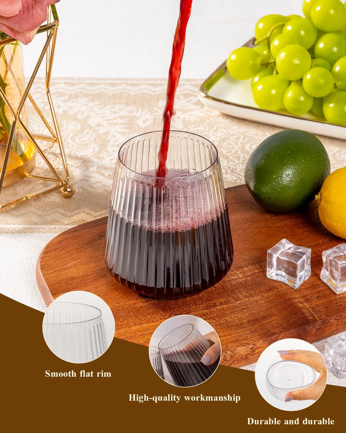 Goodluck 36 Pack 12oz Stemless Plastic Wine Glasses – Clear Ribbed Cups