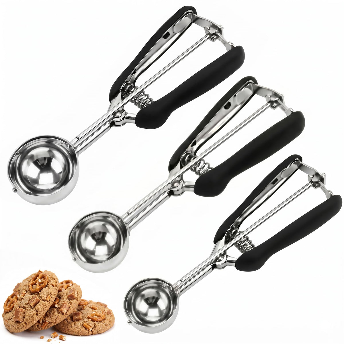 Cookie Scoop Set, 3Pcs Ice Cream Scoop, Cookie Scoops for Baking Set of 3, 18/8 Stainless Steel Cookie Scooper for Baking, Ice Cream Scooper with Trigger Release, Cookie Dough Scoop with Non-slip Grip