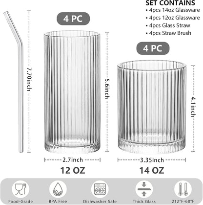 INSETLAN Set of 8 Vintage Glassware - 4 Highball Glasses 12 oz, 4 Rocks Glass Cups 14 oz, Ribbed Glassware Cocktail Glasses, Ideal for Wine, Juice, Water, Ice Coffee Cup, Whiskey, Mixed Drinkware